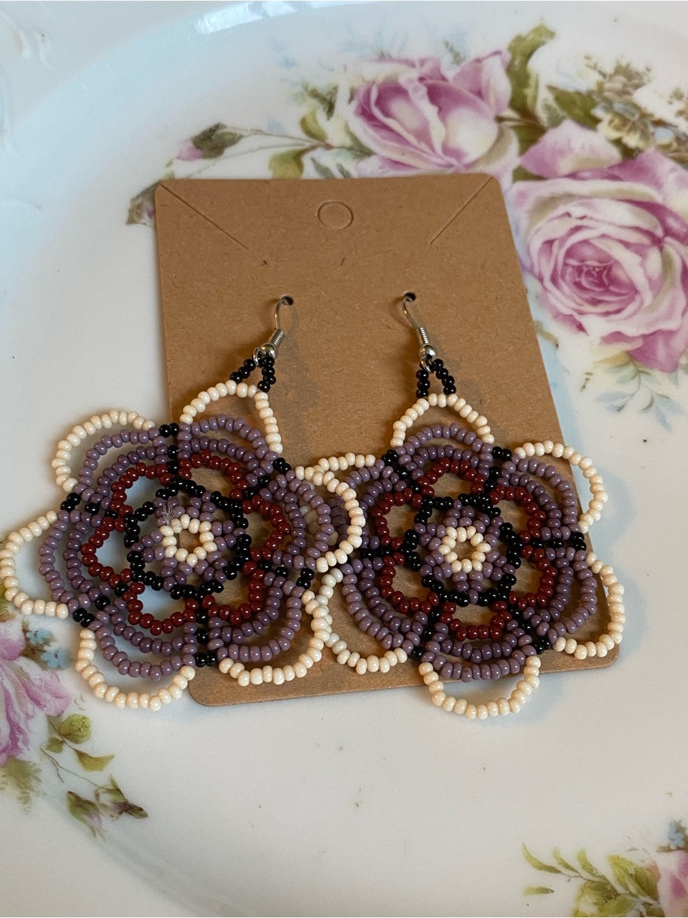 Handmade Beaded Floral Drop Earrings - Purple, Cream & Maroon
